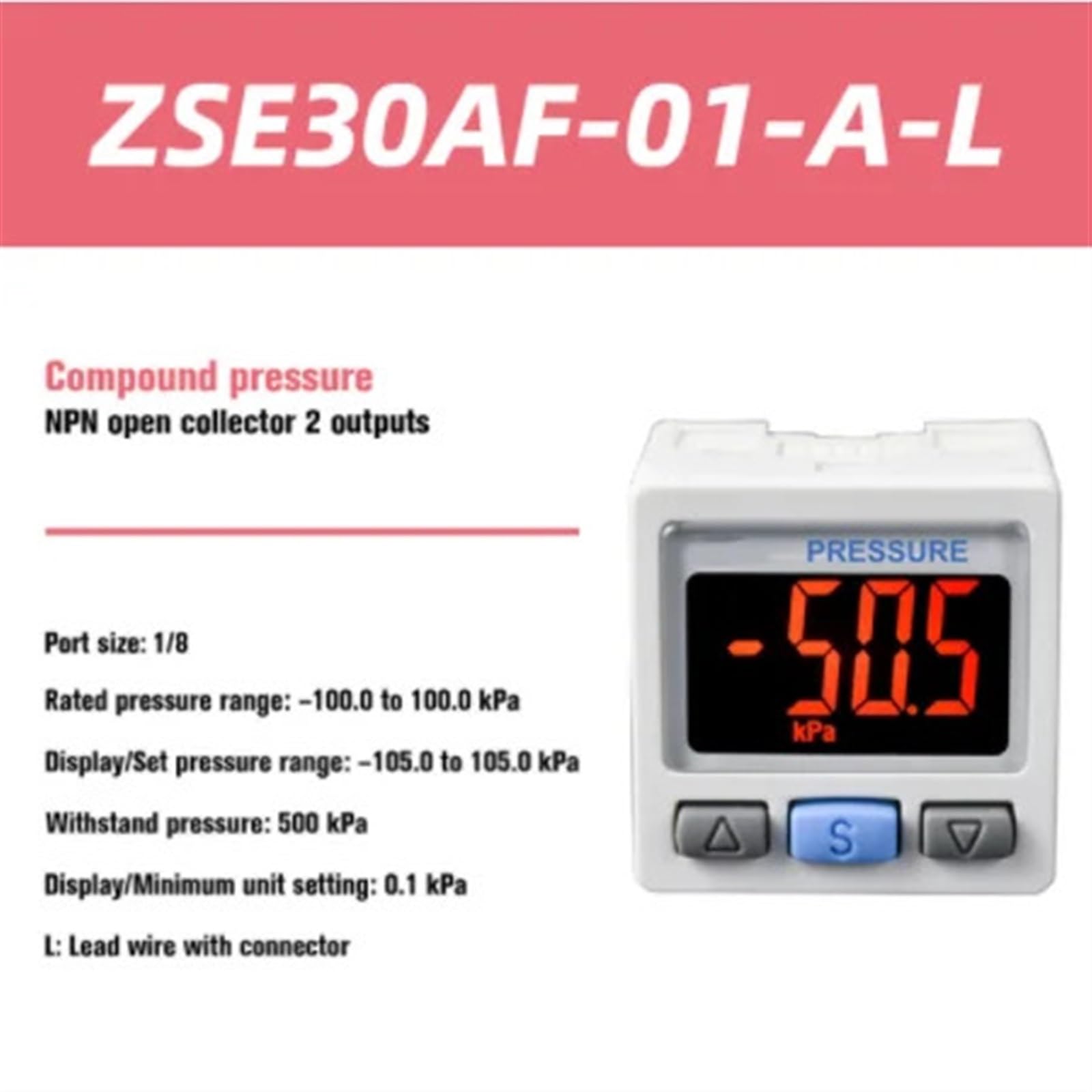 Digital Pressure Switch ISE30A/ZSE30AF-01-N-L/P/AML Vacuum Negative Pressure Sensor 1Pcs(ZSE30AF-01-A-L)