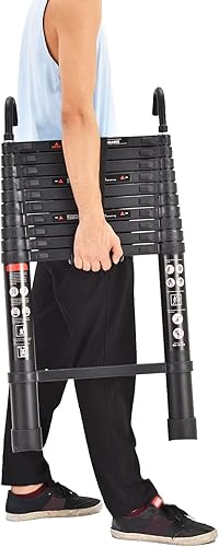 Miniatura 6 de Escalera telescópica de 10.5 pies con 2 ganchos, escalera portátil de aluminio para el hogar, oficina, bricolaje, negro, escalera plegable