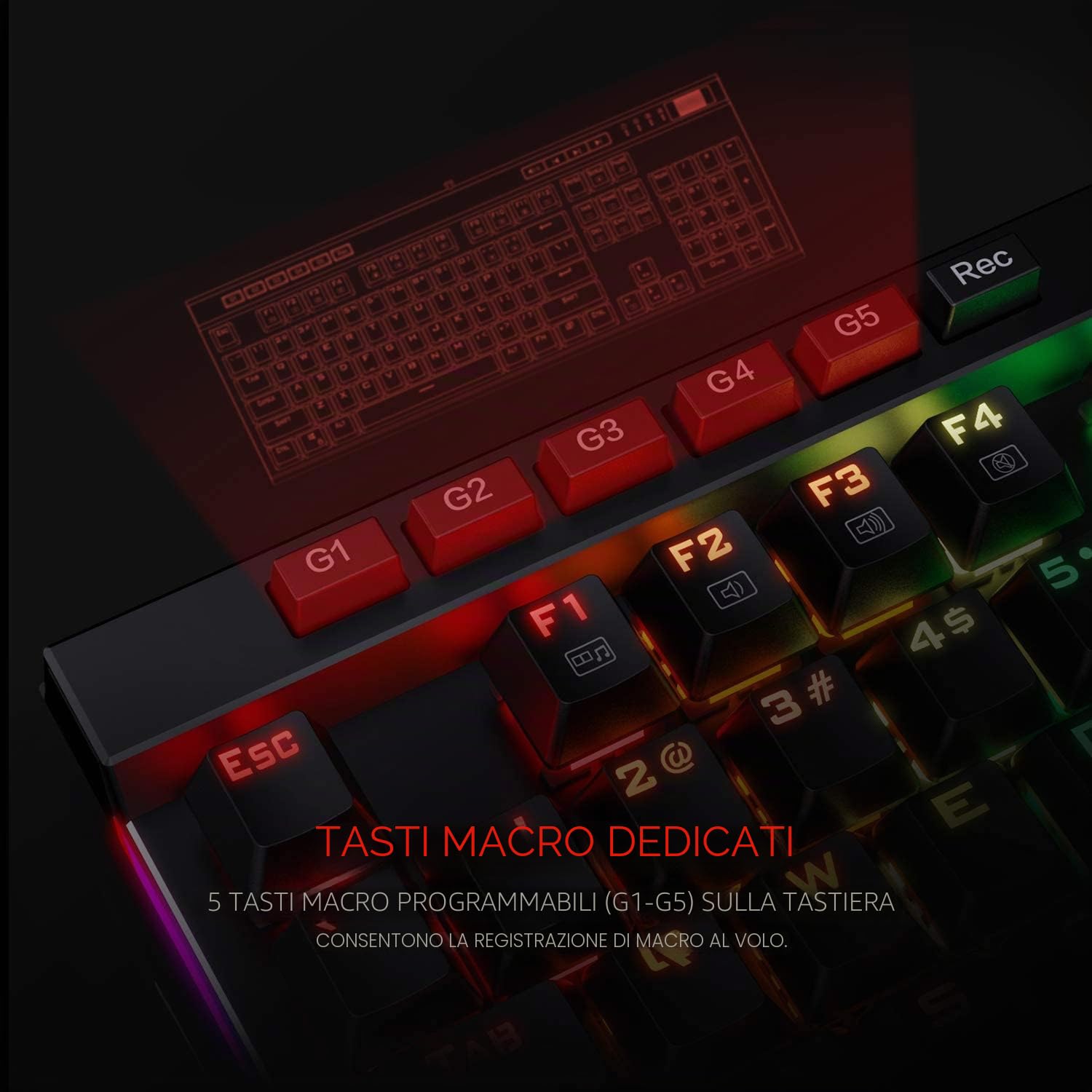 Redragon K580 VATA RGB Retroilluminato Tastiera di Gioco, 104 Tasti con Interruttori Marroni, Personalizzabile RGB Retroilluminato, 5 Tasti Macro a Bordo e Pannello di Controllo Dedicato, US Layout