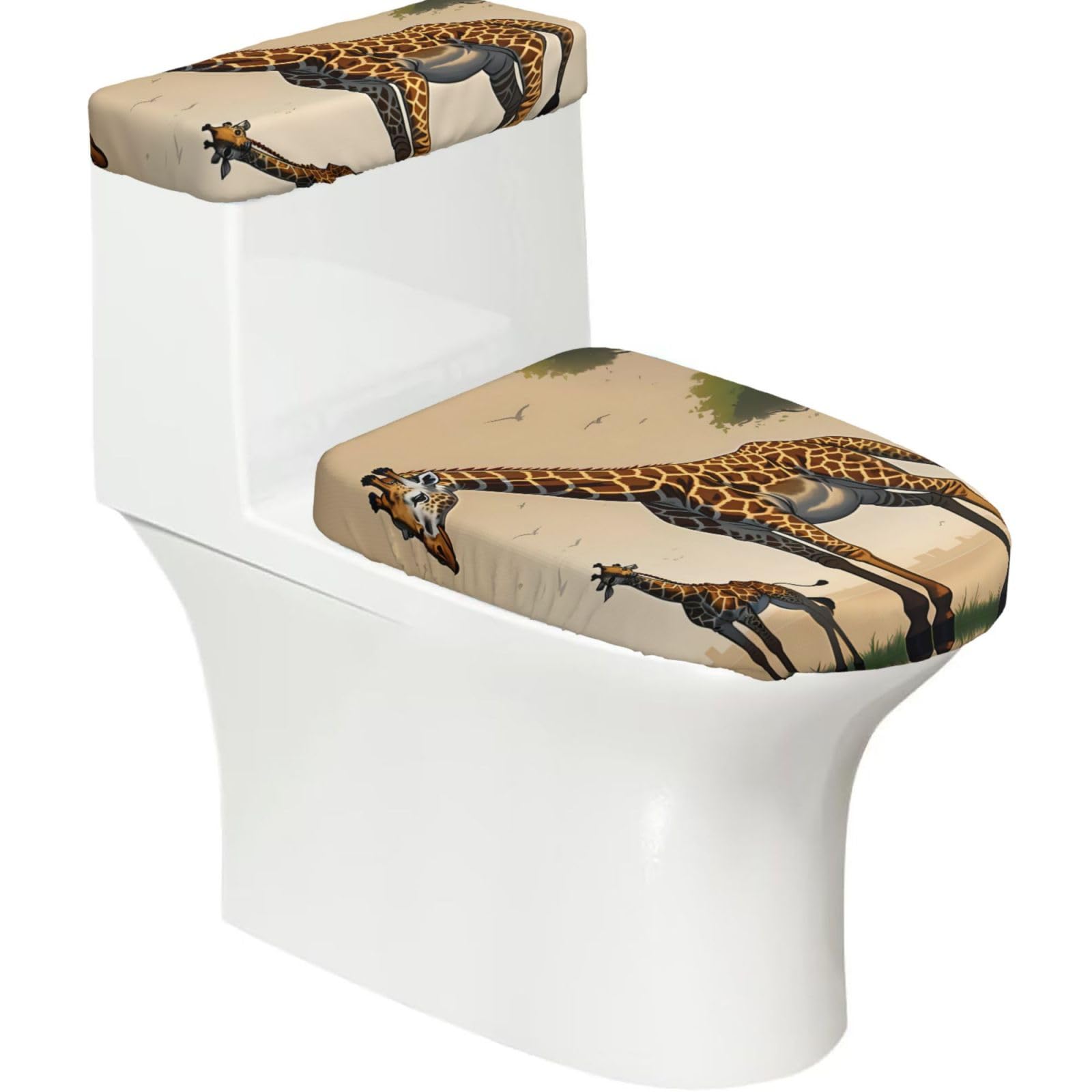 Mother and Child Giraffe 2-Piece Toilet Seat Cover Set with Tank Lid - Elastic for U-Shape & Elongated - Bathroom Decor