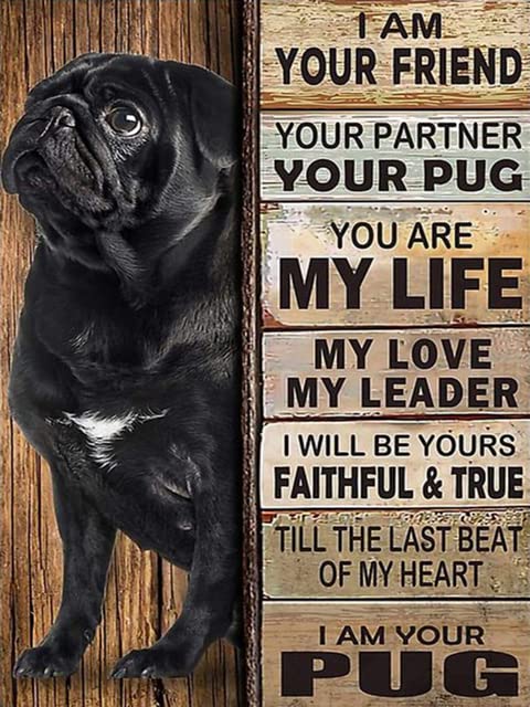 5D Diamond Art Painting by Number Kits for Adults Black Pug Dog and Text Friend Round Diamond Art Full Drill Beads Embroidery DIY Cross Stitch for Wall Decoration(30x40cm)