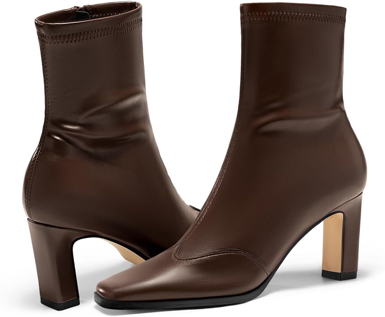 Coutgo Womens Ankle Boots Chunky Heel Square Toe Short GoGo Booties Side Zipper Winter Dress Shoes