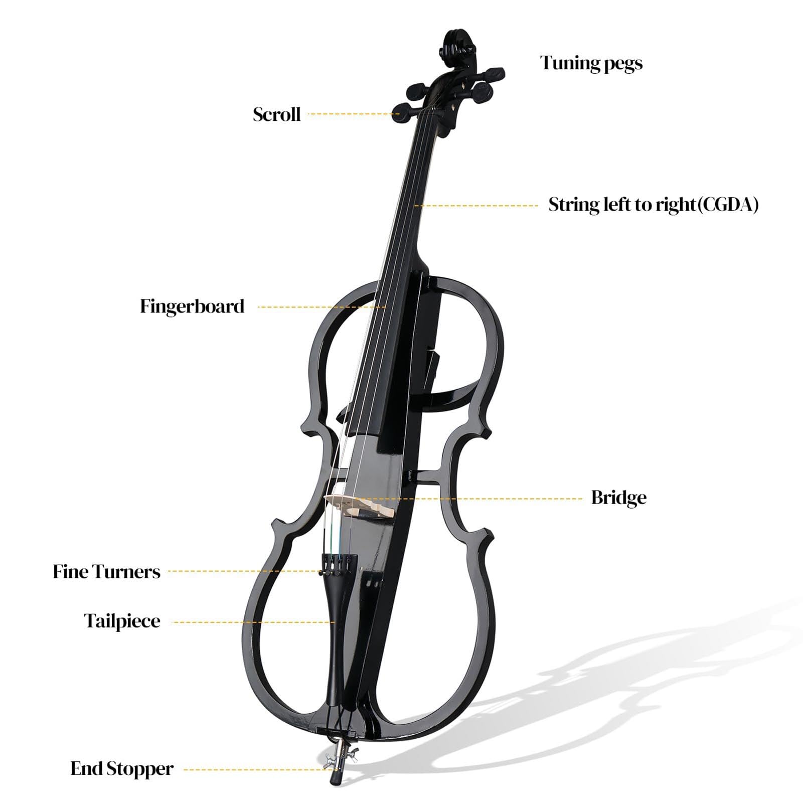 Violoncello elettrico 4/4, in legno massello, silenzioso, per prestazioni professionali sul palco, include custodia, arco, colofonia, auricolare e linea di collegamento