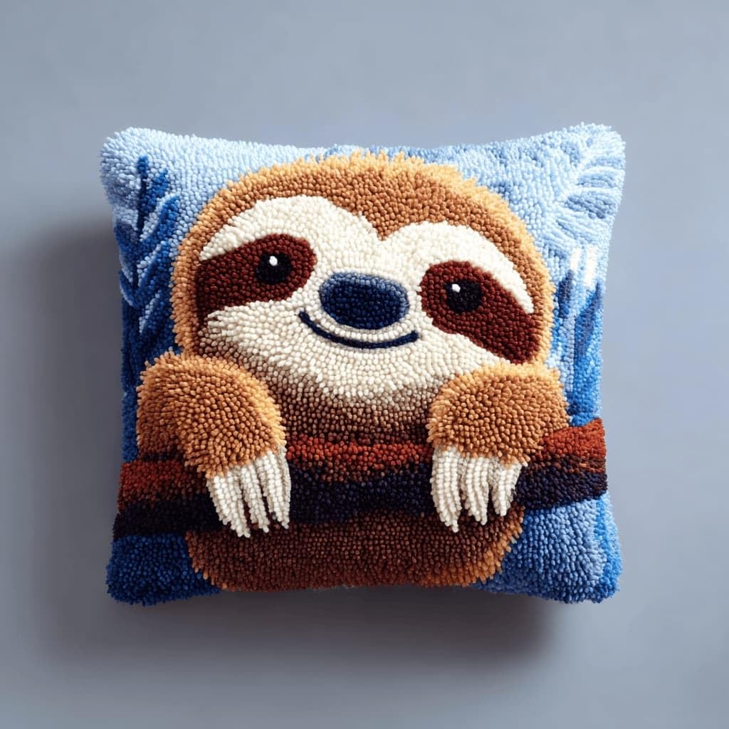 AxiangziK Latch Hook Pillow Kit for Adults,Sloth 17X17In Latch Hook Kit for Pillow Cover with Instruction for Beginner Cross Stitch Sofa Cushion Cover with Crochet Yarn for Beginners and Home Decor
