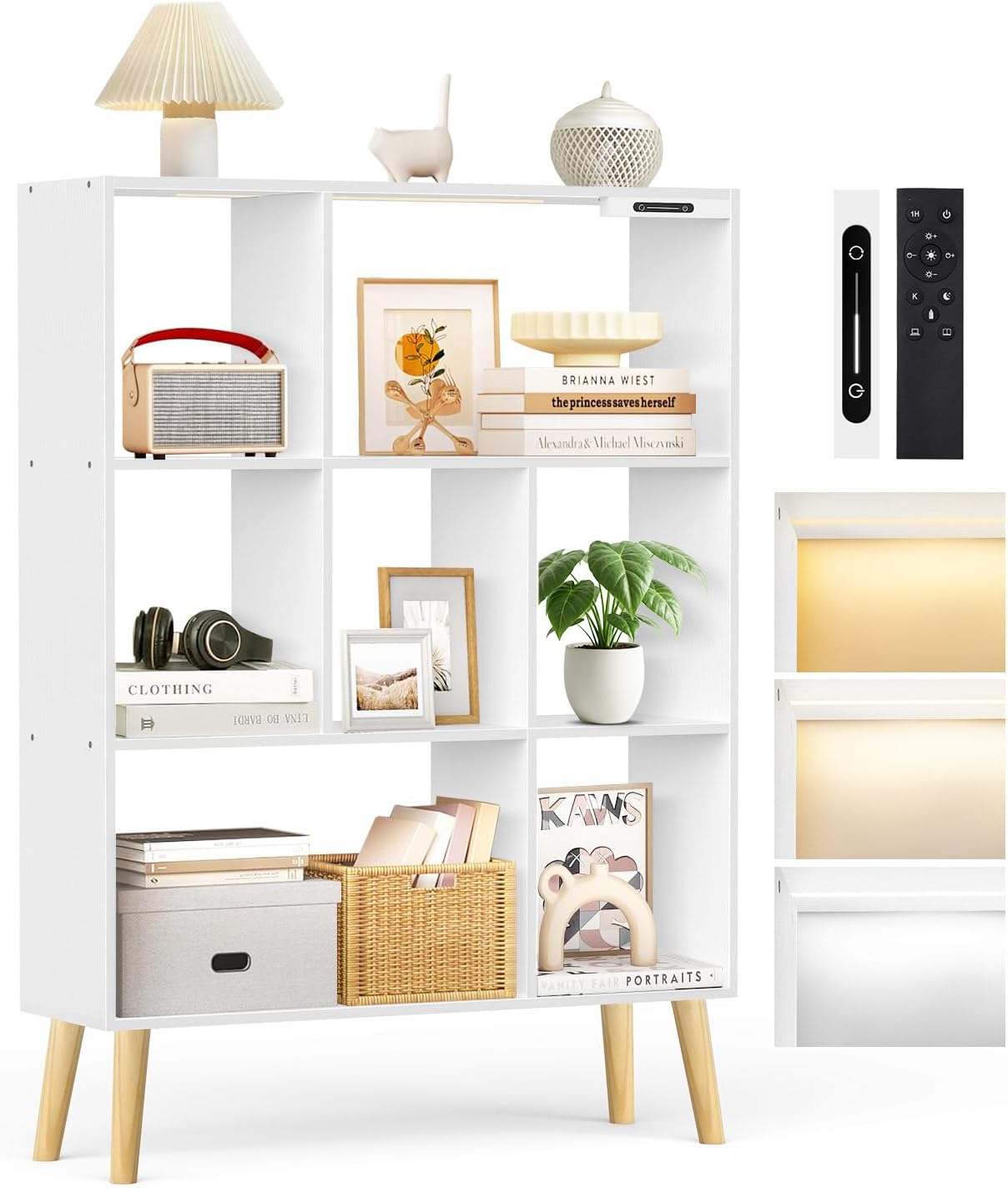 7-Cube Bookshelf with LED Lights, Touch & Remote Control, Freestanding Open Bookcase Storage Shelf, Dimmable Modern Wooden Display Organizer with Legs for Living Room, Bedroom (Rustic Brown)