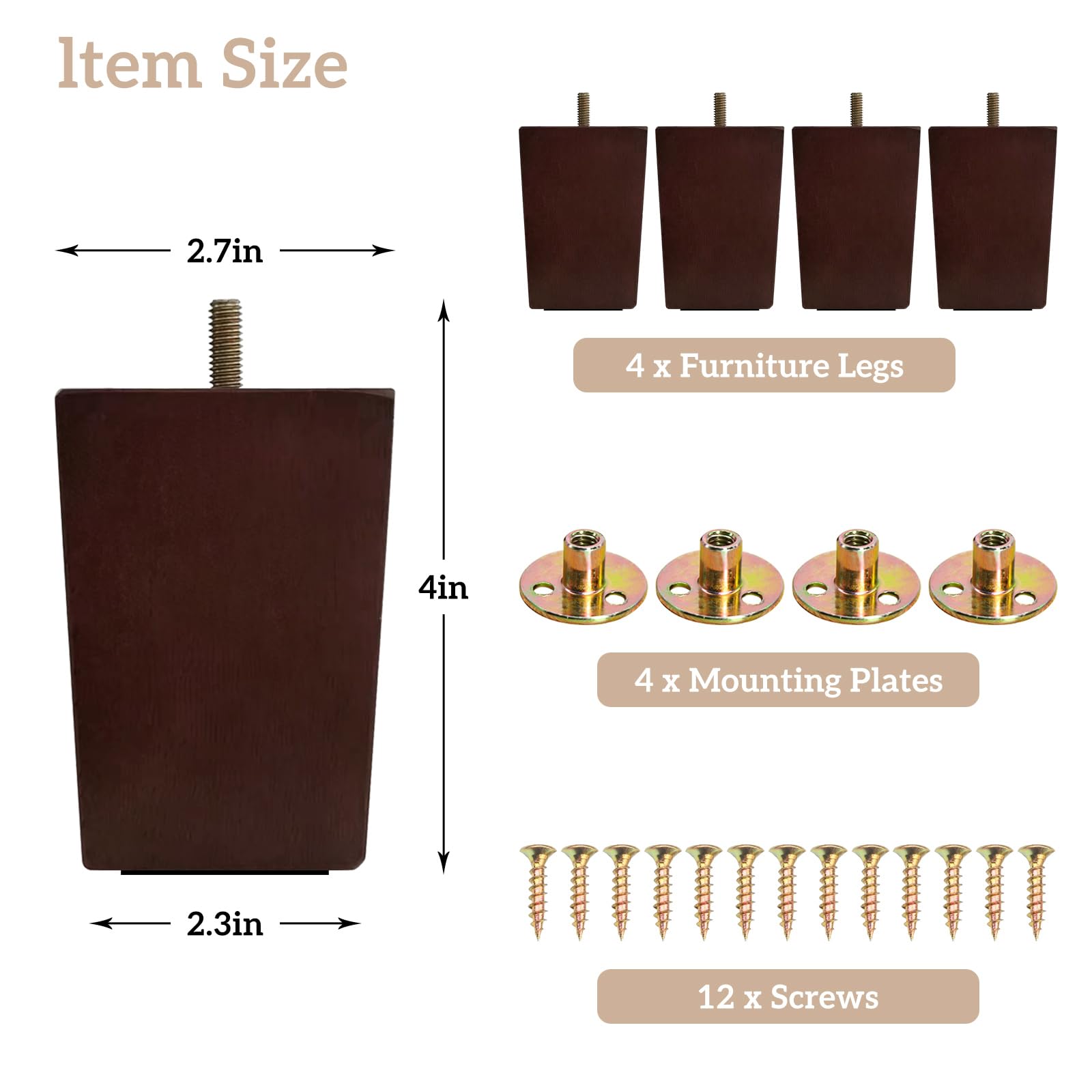 GOSCHE Patas de Muebles de Madera 10cm, Juego de 4 Patas de Sofá Cuadradas, Patas de Muebles de Reemplazo de Estilo Moderno Marrón para Cama Gabinete Silla Armario Sillón