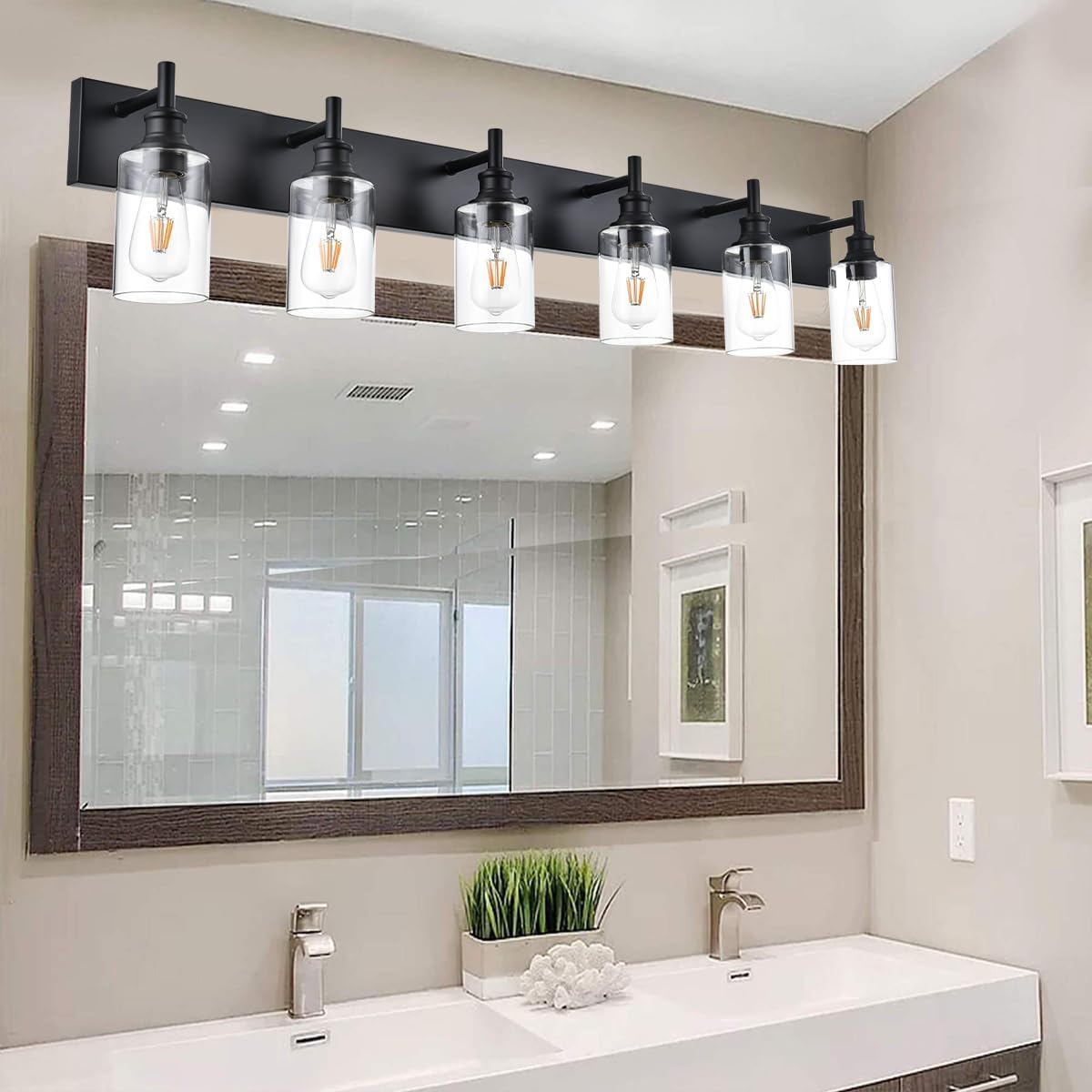 6 Light Bathroom Vanity Lights Black Bathroom Lighting Fixtures Over Mirror with Clear Glass Shades, Farmhouse Wall Sconces Vanity Lighting Fixture for Bedroom Living Room