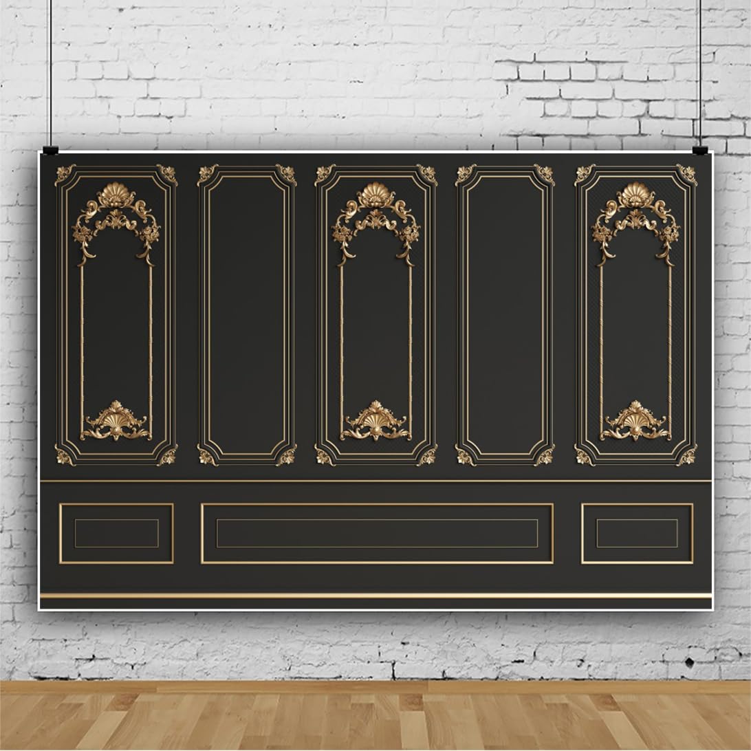 Leyiyi 10x7ft Gold Black Vintage Room Inside Backdrop European Frame Modern House French Castle Cementery Wall Retro Style Photo Background Cowboy Kids Birthday Portrait Studio Props Vinyl Wallpaper