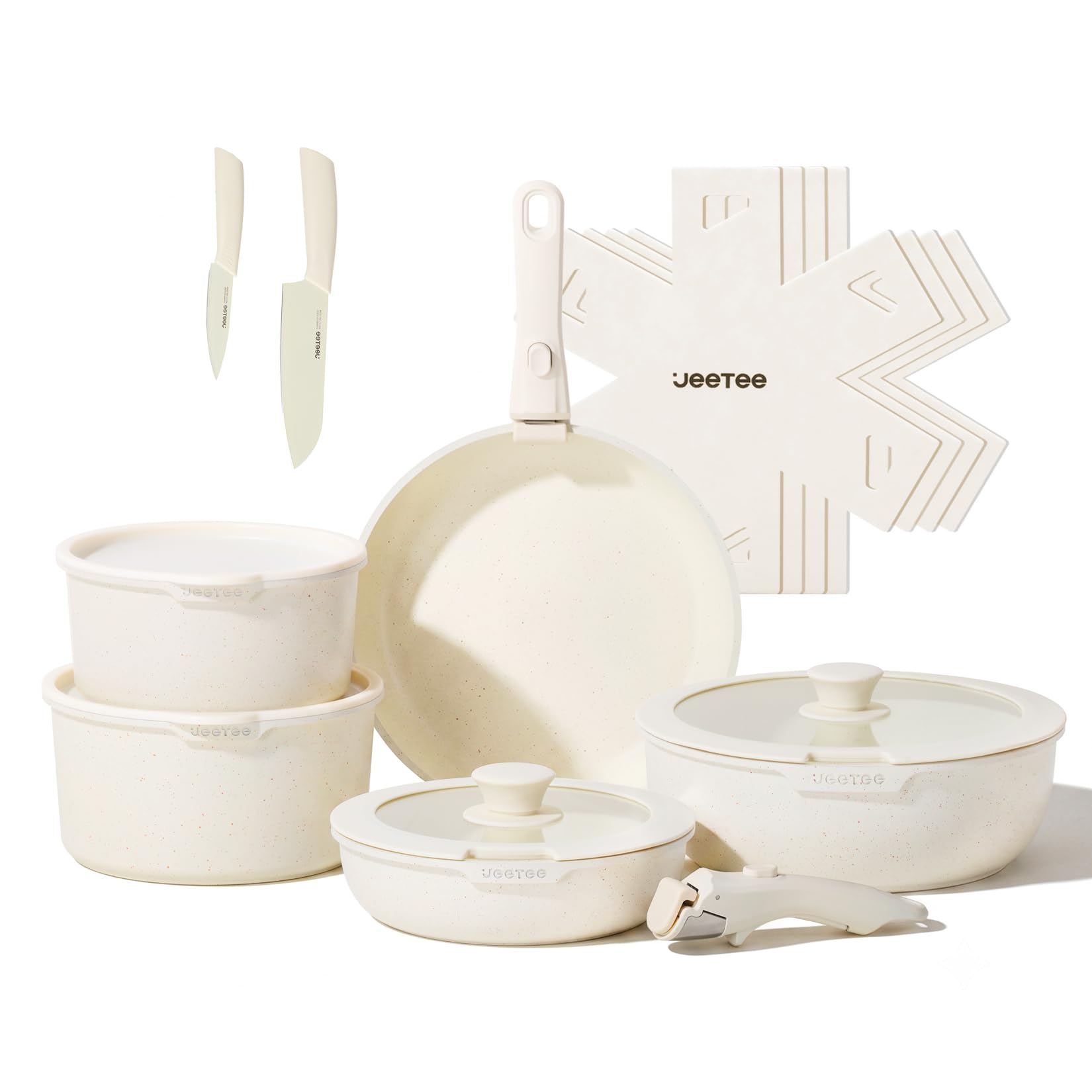 JEETEE Topf und Pfannensets mit abnehmbarem Griff 17-Teilig, Antihaft Pfanneset, Topfset Induktion, Kochtopf Set mit Deckel und Messer, Alle Herde kompatibel, PFOS/PFOA frei, Beige