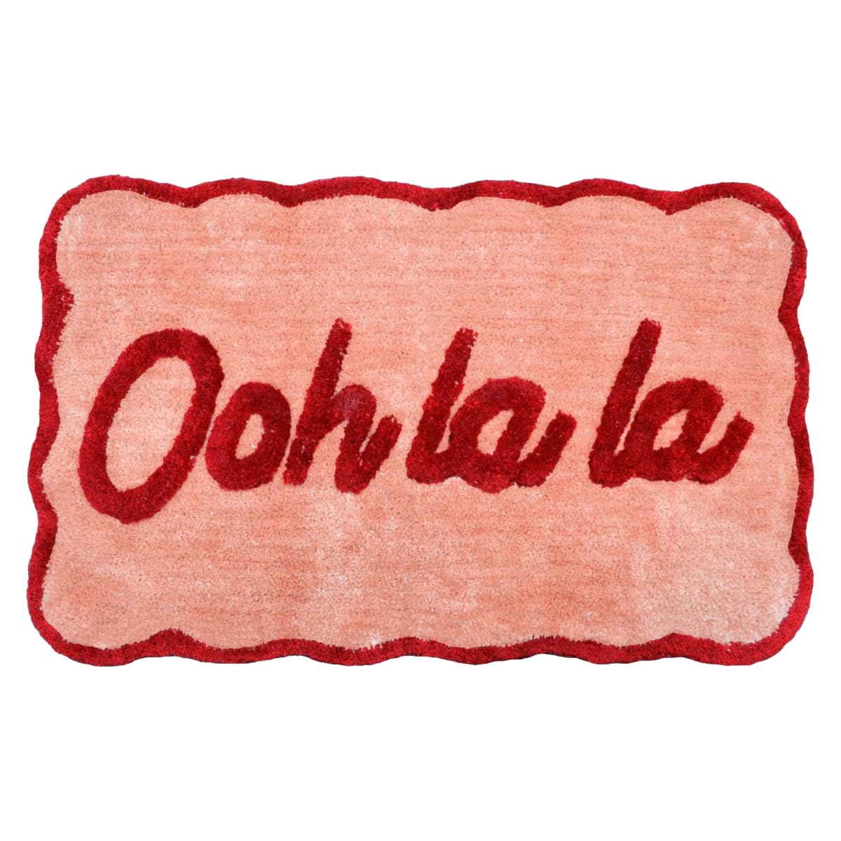 Mooky Mats Ooh La La Slogan Scallop Bath Mat Non Slip 50 x 80cm – Super Soft, Absorbent & Quick Dry Fun Scalloped Edge Bathroom Rug (Red/Pink)