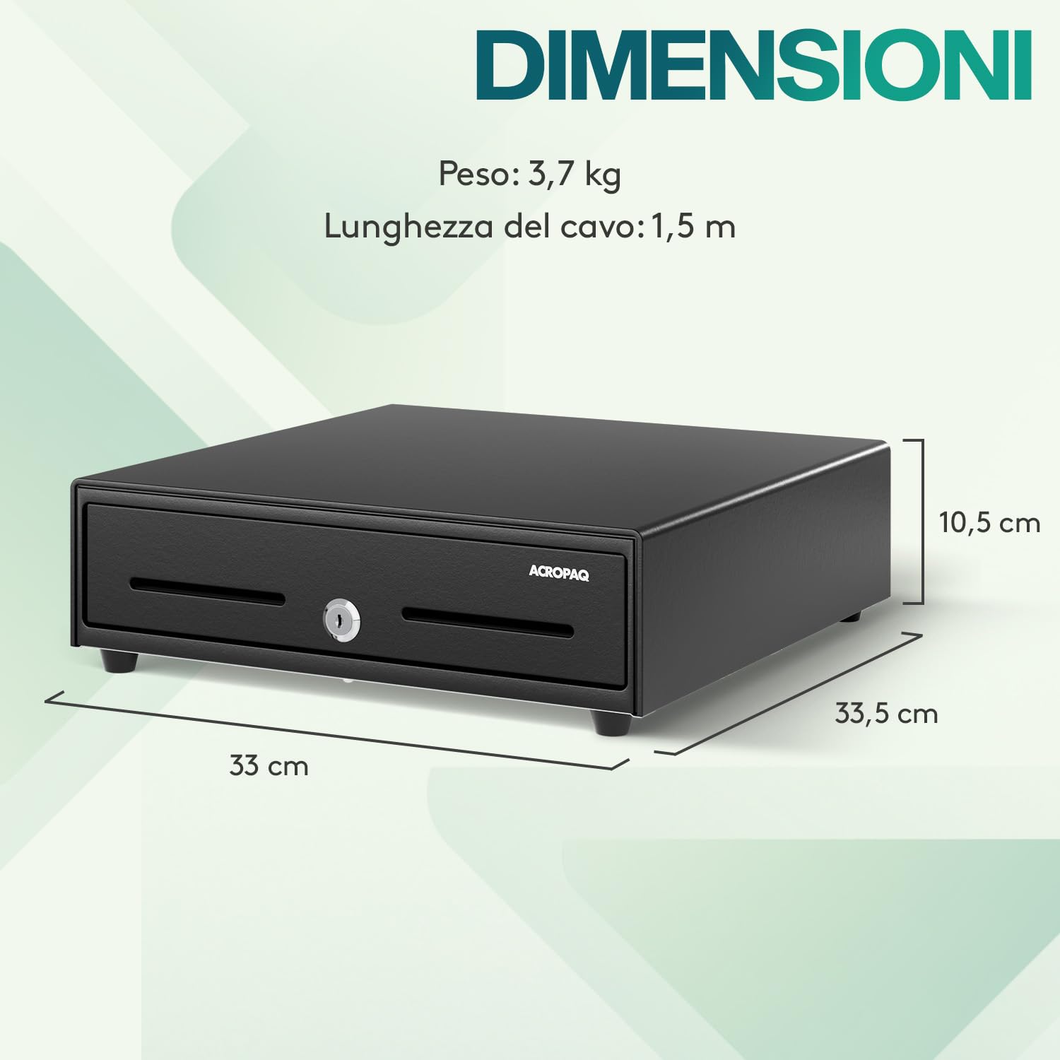 ACROPAQ Cassetto cassa - Compatibile con registratore cassa RJ11, 4 scomparti monete e 8 banconote, (34 x 33 x 10 cm) Corpo in metallo robusto - Cassetto cassa registratore