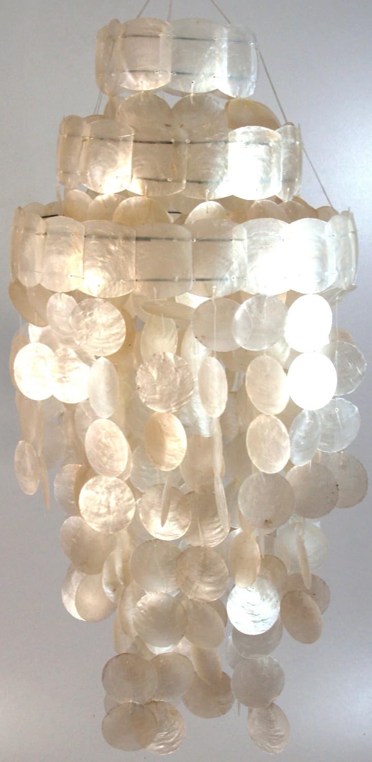 GURU SHOP Deckenlampe Muschelleuchte aus Capiz, Modell Sakawa 60 cm weiß | Hochwertige Handarbeit, einzigartiges Design, stimmungsvolle Beleuchtung, natürliche Materialien