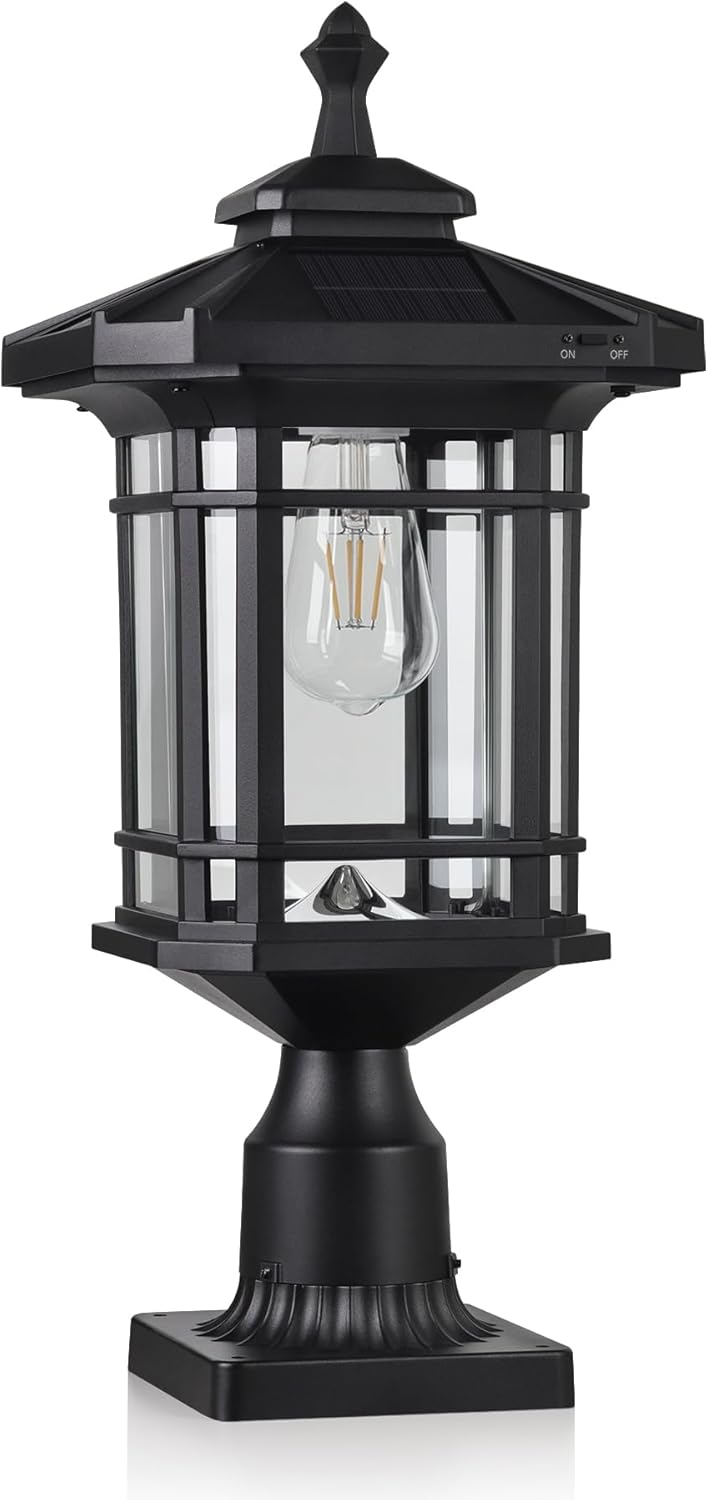 Kemeco Solar Post Light ST4338Q with Pire Mount Base Outdoor, Waterproof Black Cast Aluminum Bright Warm White LED Solar Powered Lamp for Pole Pillar Yard Deck Garden Gates Landscape