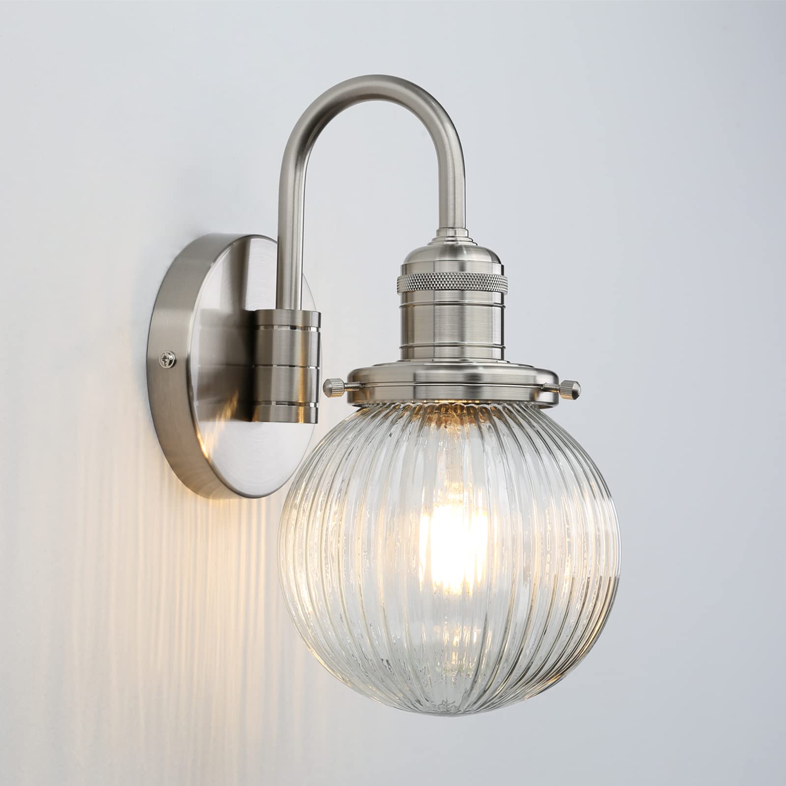 Yosoan Retro Glass Ribbed Sconce Wall Light,Industrial Globe Wall Light Fixtue for Kitched Living Room Bedroom (Brushed)