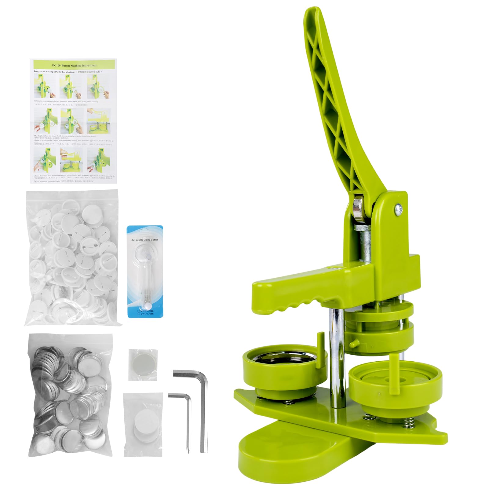 Maszyna do wyciskania plakietek, Maszyna do guzików, ze 100 guzikami/obrazkami i nożem do wycinania kółek dla postaci dla ludzi, dzieci DIY Gift Pin Maker (zielona, 32 mm)