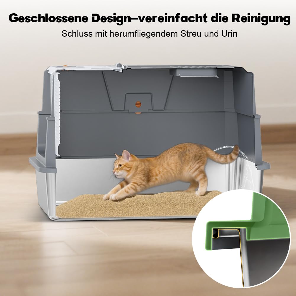 SZEE XL Edelsthal Katzenklo mit 180° Klappdeckel, Große Geschlossene Katzentoilette Edelstahl mit Deckel, Stainless Steel Cat Litter Box with Scoop-59x38x38cm, Dunkelgrau