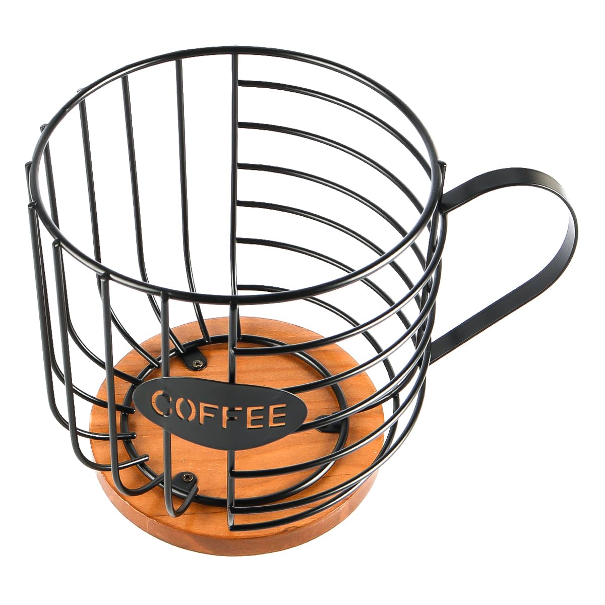 Sarini Organizer per cialde da caffè, Porta Capsule da caffè, Grande capacità, Cestino portaoggetti in Filo Nero con Base in Legno per Cucina e Ufficio