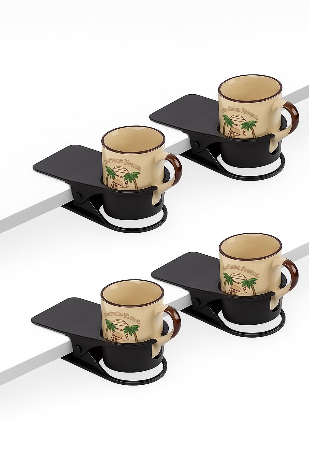 4 Pack Clip On Desk Cup Holder Clamp – Anti Spill Drink Holder for Coffee Mug, Water Bottle & Tumblers – Clamp Cup Holder for Desk, Gaming Setup,