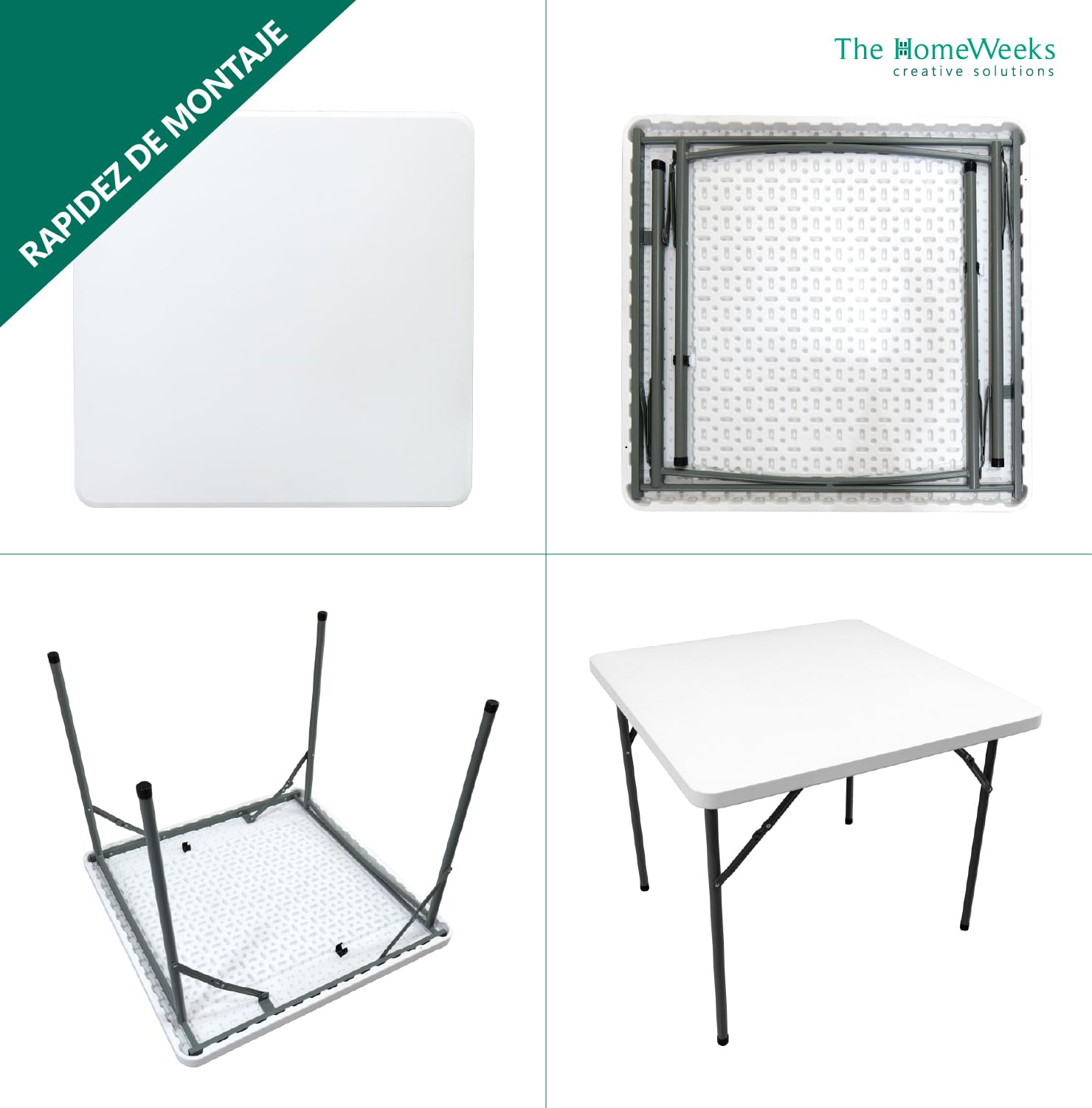 Mesa plegable SOLID Cuadrada 86*86*74cm | Portátil | Multifuncional | Normativa Uso Público Interior/Exterior (EN 581-1/3) | Tablero Resina HDPE 3,8cm. | Capacidad 4 Personas | Carga 120 kg.