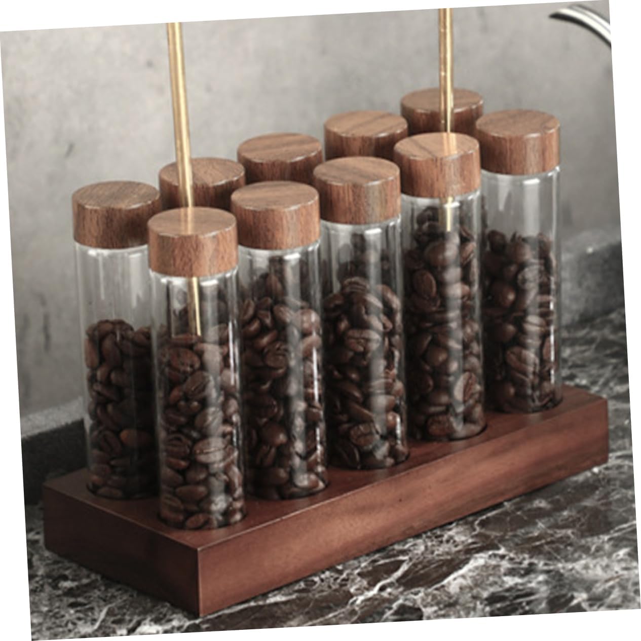 Alipis 1set Glass Coffee Bean Storage Tubes with Wood Stand Sealed Airtight Canisters for Coffee Beans with Display Rack