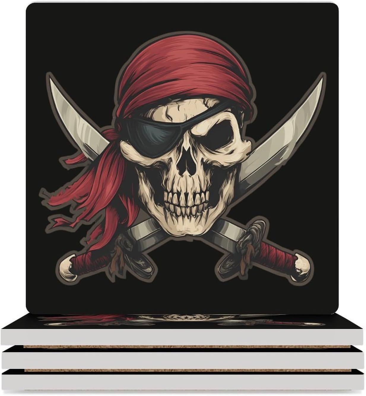 Skull and Crossbones Piratees Coaster for Drinks Square Ceramic Table Coasters Stone Mat Crafts 4PCS Home Kitchen Decor