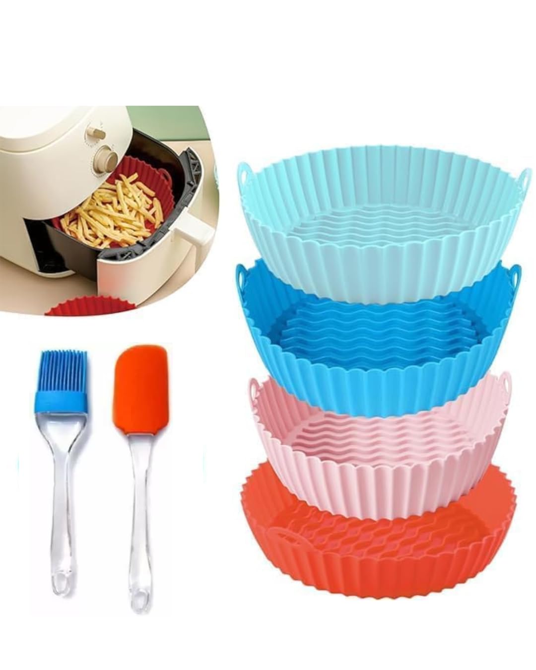 Non-Stick Silicone Air Fryer Liners Set 4PCS – Reusable Baskets & Pots with Oil Brush & Spatula, Perfect for Air Frying, Baking & Grilling (Multicolor)-image-21
