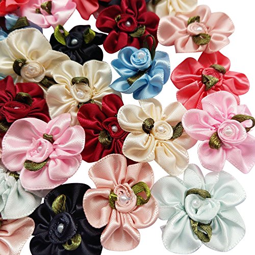 Chenkou Craft 40pcs Satin Ribbon Flower Bows Rose Craft Wedding Sewing Appliques Polyester (Rose(A0041))
