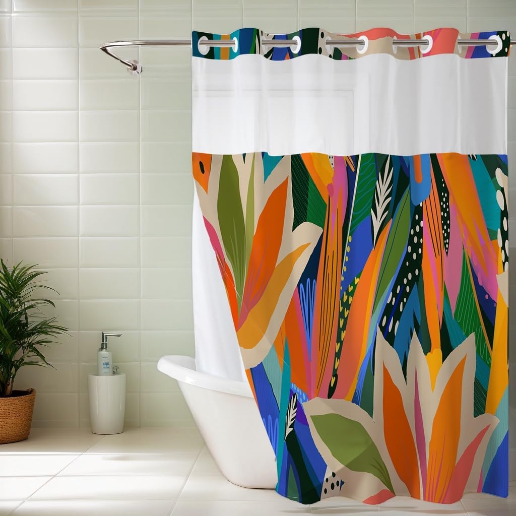 Tropical Jungle Shower Curtain No Hooks, Boho Floral Shower Curtains Double with Snap in Liner, Waterproof Fabric Fun Bath Curtain with Mesh Top Window, Colorful Abstract Decor for Bathroom 71" X 74"