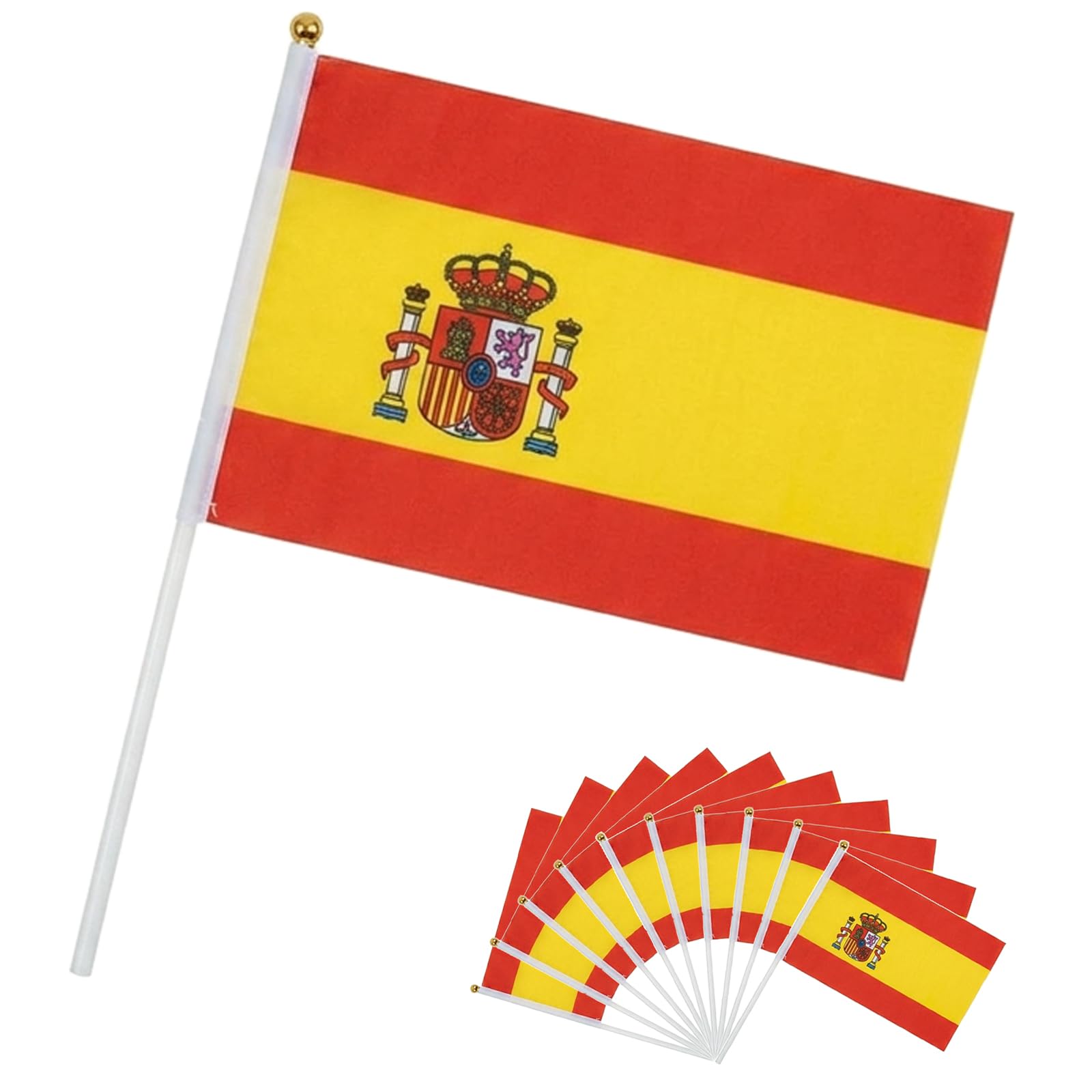 Banderas de Mano España 14x21 cm 10 Unidades Poliéster con Palo para Fútbol y Eventos