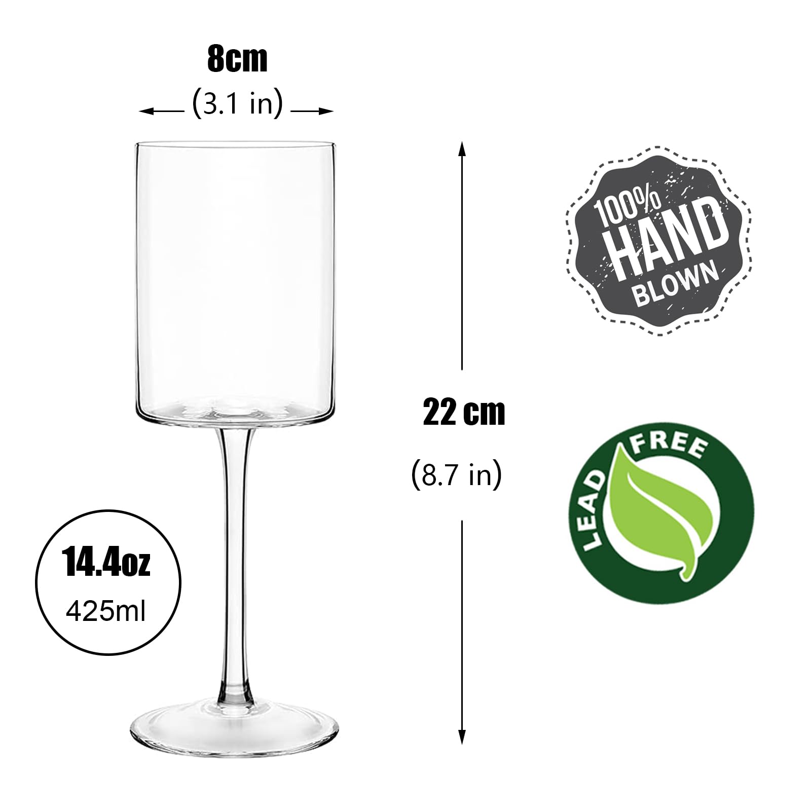 Wit-rode wijnglazen set van 170 - 570 ml helder [Handgeblazen] Kristallen wijnglazen - Hoge lange steel moderne wijnglazen - vierkante wijnglazen met platte bodem - Unieke geschenken voor bruiloft