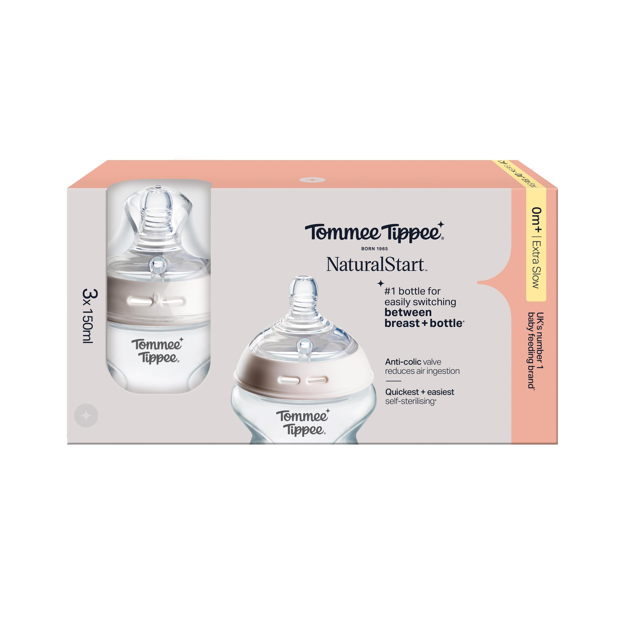 Tommee Tippee Baby Bottles, Natural Start Anti-Colic Baby Bottle with Extra-Slow Flow Breast-Like Teat, 150ml, 0m+, Self-Sterilising, Baby Feeding Essentials, Pack of 3 — view 2