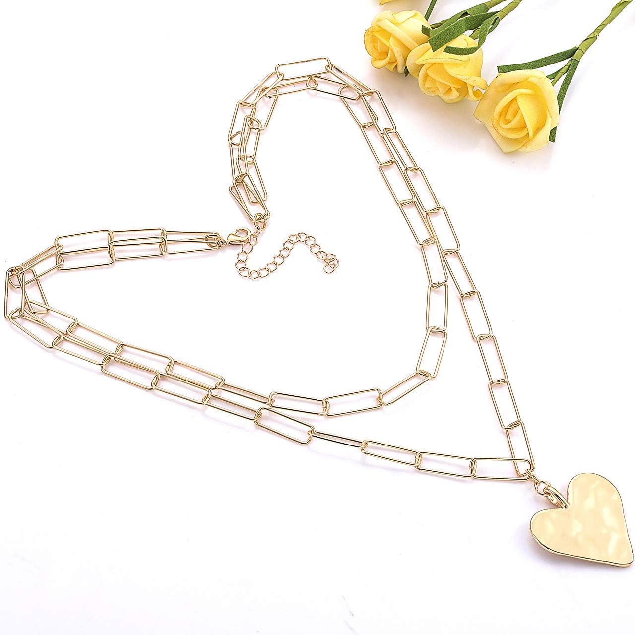 YAHPERN Layered Rectangle Paper Clip Chain Link Choker Statement Hammered Heart Pendant Necklace Minimalist Chunky Thick Chain Jewelry For Woman
