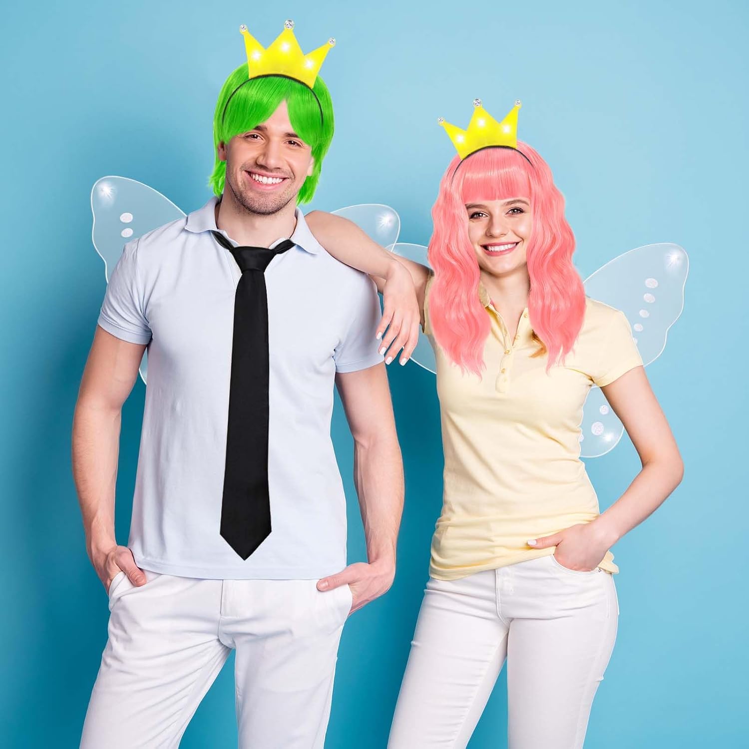 Halloween Fairy Costume Funny Couple Set Include Fairy Star Wands,Wings,Crown Headbands,Tie,Pink and Green Temporary Hair Color Wax Dye for Men Women Party Cosplay