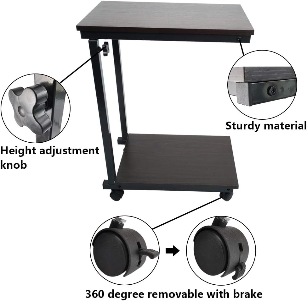 KKTONER Sofa Side Table Slide Under Height Adjustable Wooden Laptop Table Couch Table Mobile Dining Table Snack Table End Table with Wheels(Black)