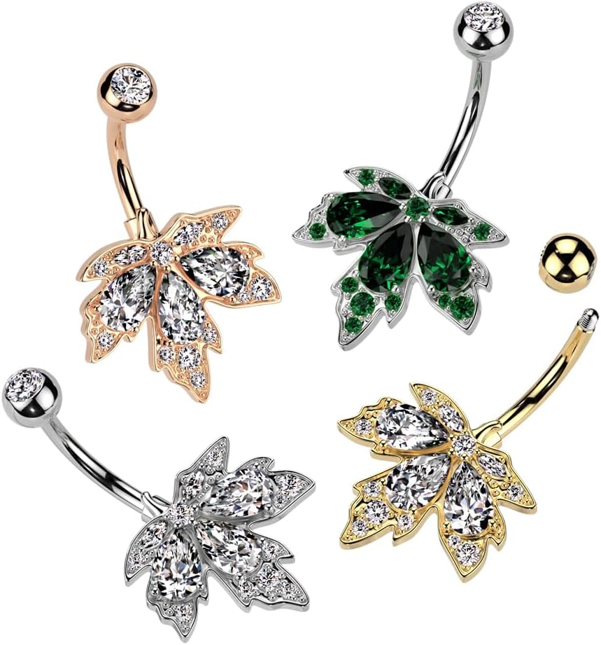 Pierced Owl 14GA 316L Stainless Steel CZ Crystal Maple Leaf Belly Button Ring - Image 3