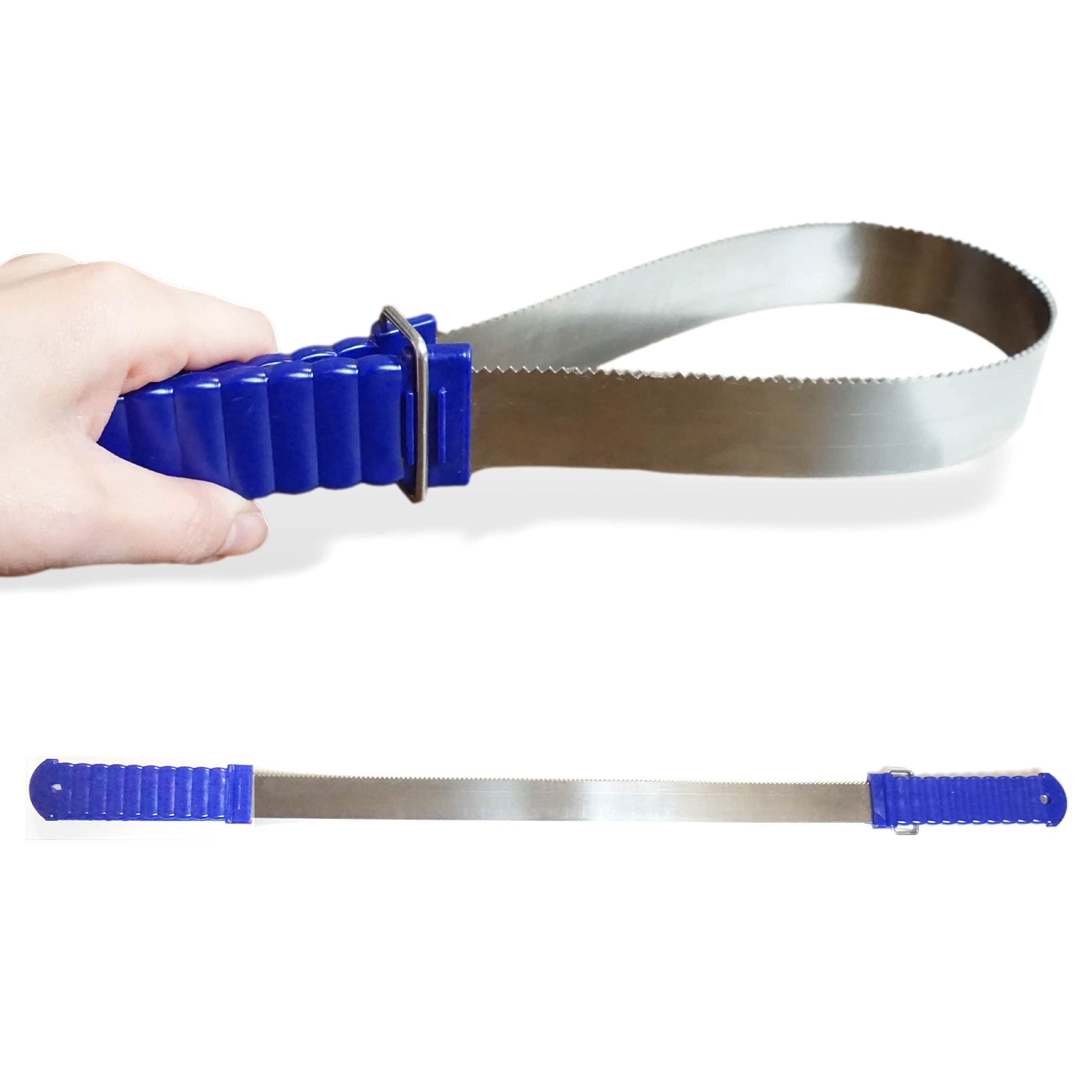 Schweißmesser für Pferde – 2-Fach Funktion, idealer Metallstriegel zum Abziehen von Schweiß, Wasser & Zacken zur Reinigung von Schmutz und losen Haaren zur Fellpflege (Schweissmesser Blauer Griff)