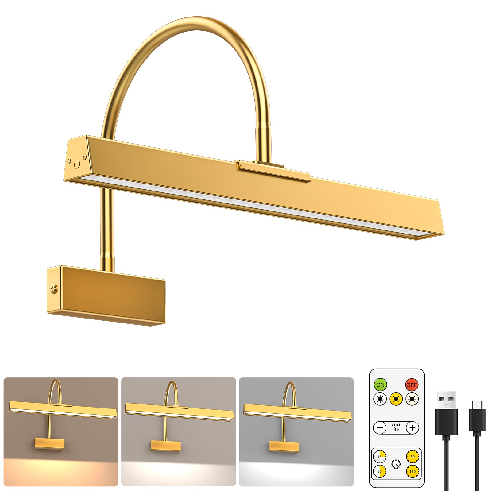 Hudyogy Picture Frame Light with Remote, Wireless 16 Inch Gold Art Light, Battery Picture Lights with 3 CCT, Dimmable and Timer Wall Picture Lights for Painting, Wall, Gallery, Artwork, Frame