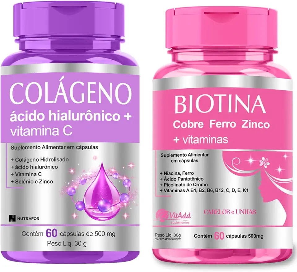 Kit Pele Cabelos e Unhas: Colágeno Hidrolisado c/Hialurônico e Biotina 120 cáps