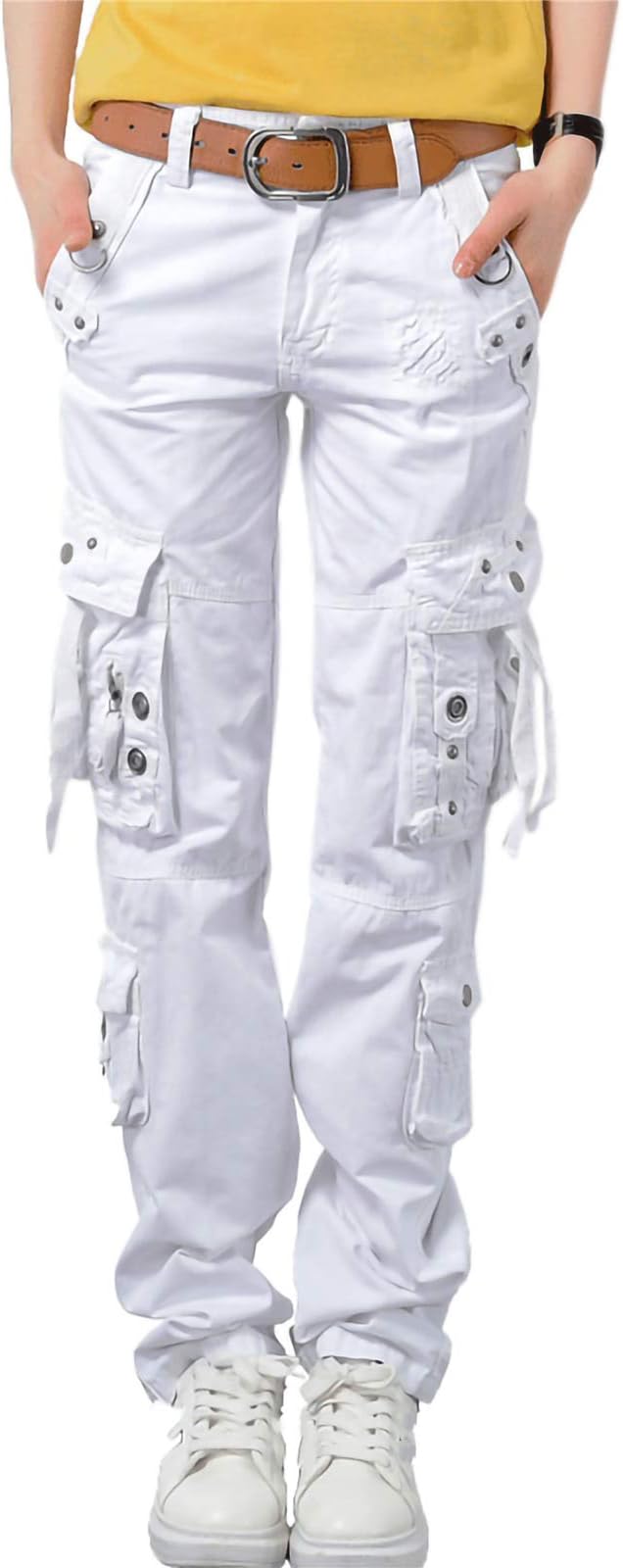 Women's Utility Military Style Cargo Pants Without Bottom Drawstring, White, Tag 32 = US (6-8)