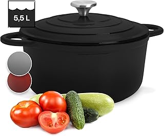 Toci Chaudron en Fonte, Four Néerlandais, Dutch Oven de 5.5L en Fonte Emaillée avec Couvercle, Casserole Fonte, BBQ, Marmite Norvégienne en Fonte, Cocotte, Marmite à Induction, Lavable Lave-vaisselle