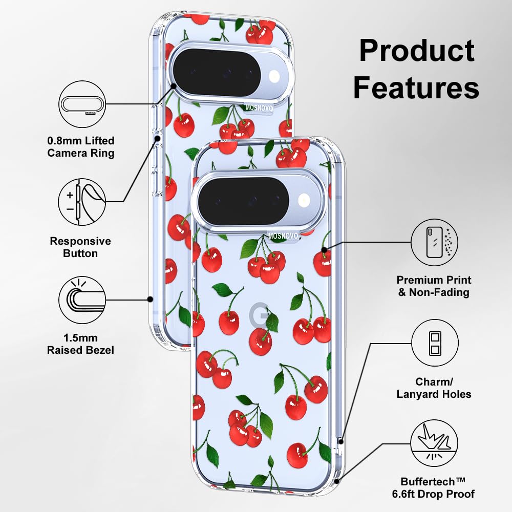 MOSNOVO Case for Google Pixel 10 & Pixel 10 Pro, [Buffertech 6.6ft Military-Grade Drop Protection] [Anti Peel Off Tech] Clear TPU Bumper Phone Case Cover Design - Cute Cherry — view 7