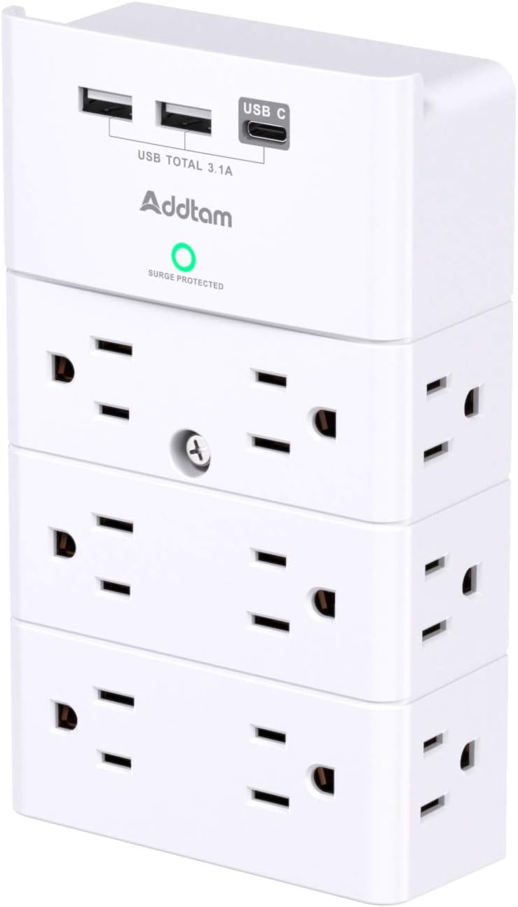 Addtam Multi Plug Wall Outlet, Surge Protector Wall Mount with 12 Outlet Extender 4 Sides and 3 USB Ports (1 USB-C), Outlet Splitter Power Strip for Home Office Dorm Room Essentials, White