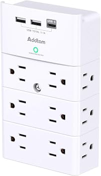 Addtam Multi Plug Wall Outlet, Surge Protector Wall Mount with 12 Outlet Extender 4 Sides and 3 USB Ports 1 USB-C, Outlet Splitter Power Strip for Home Office Dorm Room Essentials, White