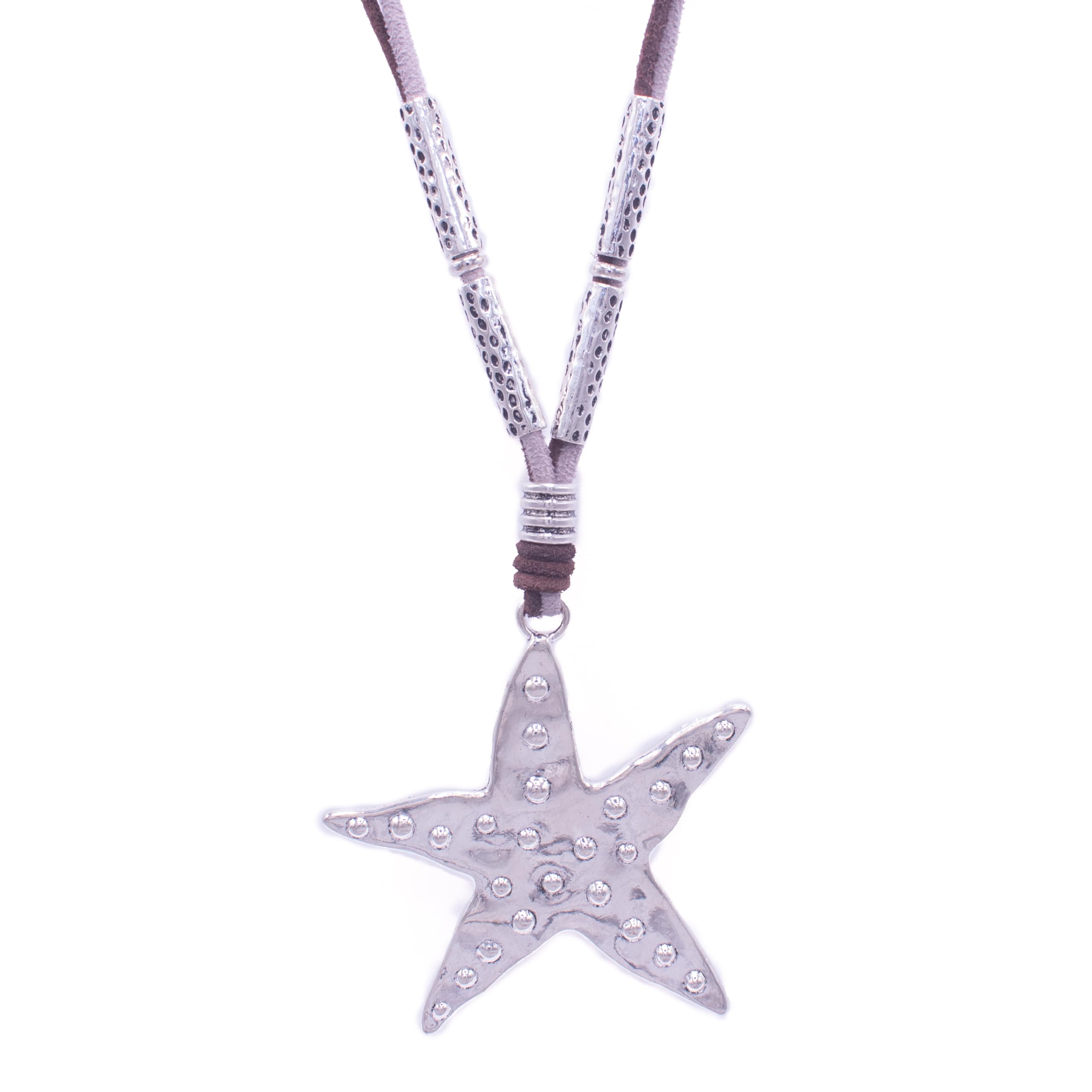 NILUXE DESIGN Colgante mujer estrella largo – Collar plata grande con cadena de cinta de antelina negra ajustable – Estilo hippie bohemio – Talismán de la suerte - Amuletos de protección (Plateado brillo)