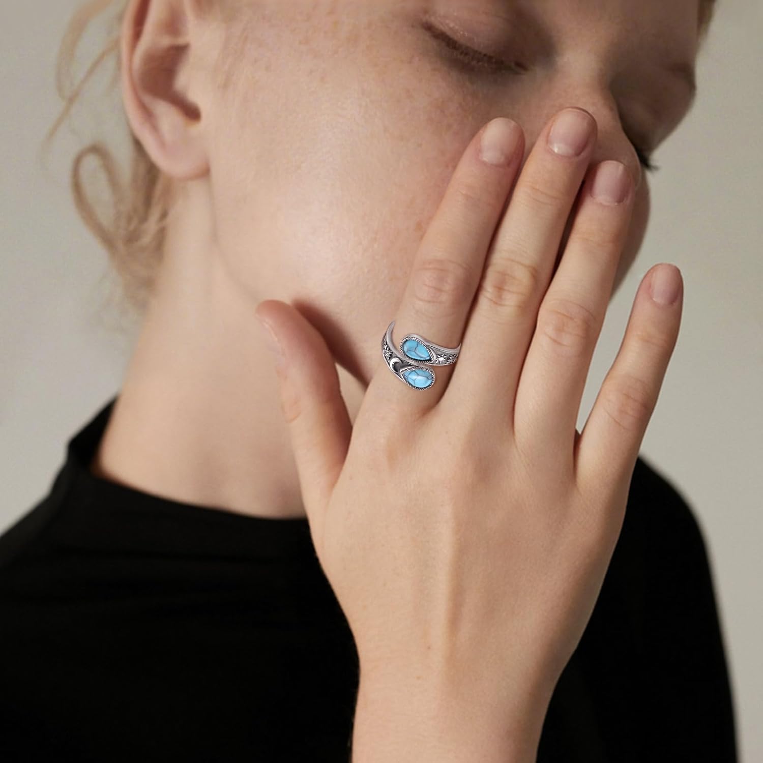 Vito 925 Sterling Silver Adjustable Open Ring for Women, Lotus Sunflower Snake Spoon Band Rings Feather Witches Knot Jewelry Gift for Wife