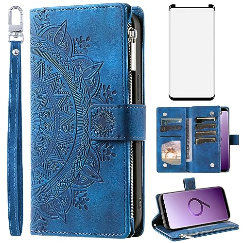 Protection Samsung S9 antichoc en cuir bleu avec fermeture éclair intégrée
