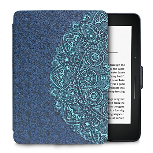 WALNEW Protective Case for Amazon Kindle Voyage(2014)-The Thinnest and Lightest Colorful Painting PU Leather Cover with Auto Sleep/Wake Function,Blue Flower
