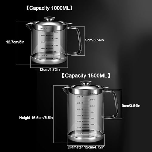 Vista 7 de Contenedor de grasa de tocino de vidrio de 1L/35 oz con colador, lata de almacenamiento de aceite de cocina con filtro y escala de malla fina, tapa