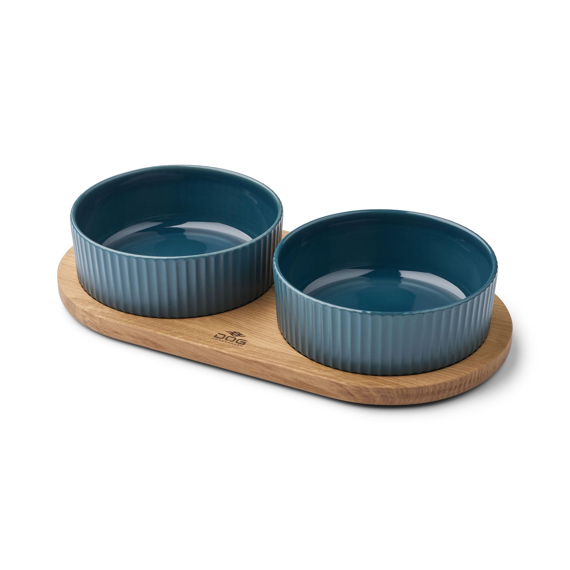 DOG Copenhagen Kronborg Food Bar - Ceramic Food and Water Bowl Set with Stand - Dishwasher Safe - Non Slip - Nordic Design Stoneware, L, Petrol Blue/Oak