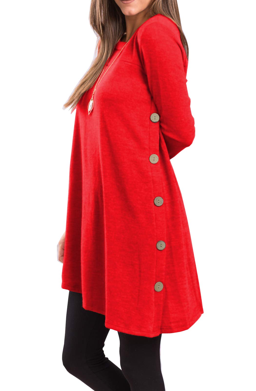 Women's Long Sleeve Scoop Neck Button Side Sweater Tunic Dress